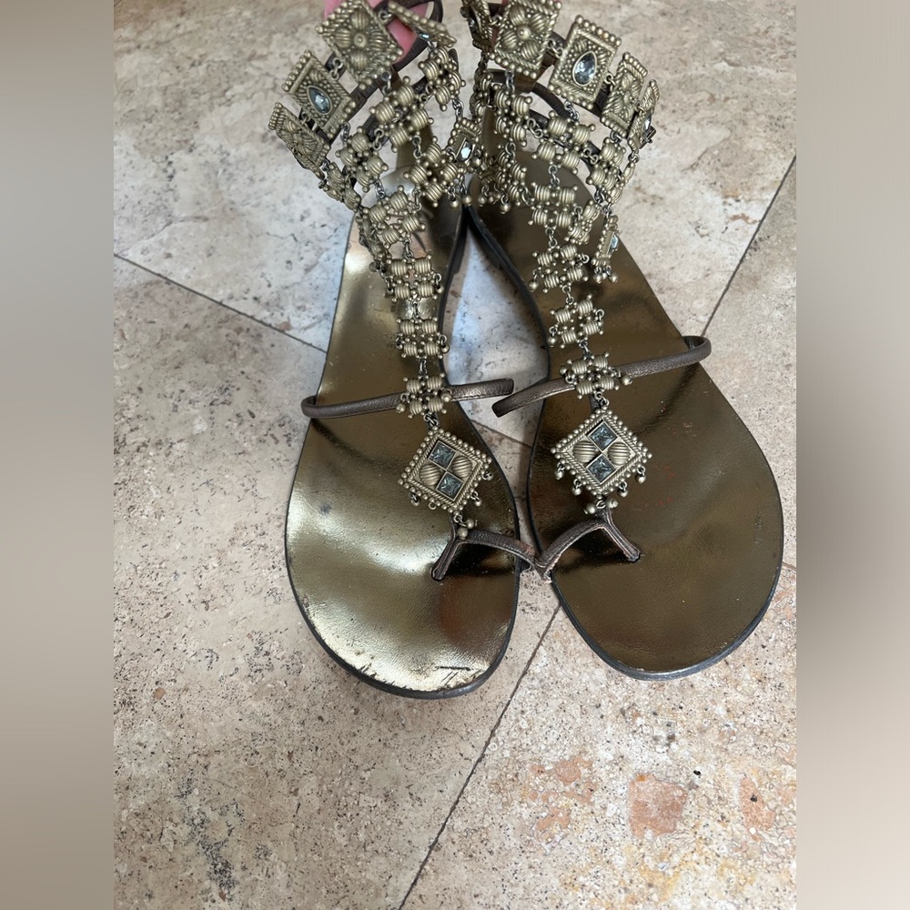 Amira aged silver metal Embellished Sandals with Beaded Straps.